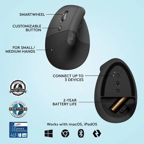 Vista 6 de Logitech Ergo K860 - Teclado inalámbrico dividido con soporte de muñeca y elevación vertical izquierdo ergonómico mouse zurdo Bluetooth receptor USB