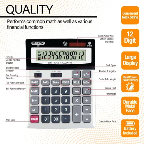 Vista 3 de BAZIC Calculadora de escritorio de 12 dígitos con cálculo de ganancias y funciones fiscales (3011) profit and tax functions for everyday math at a