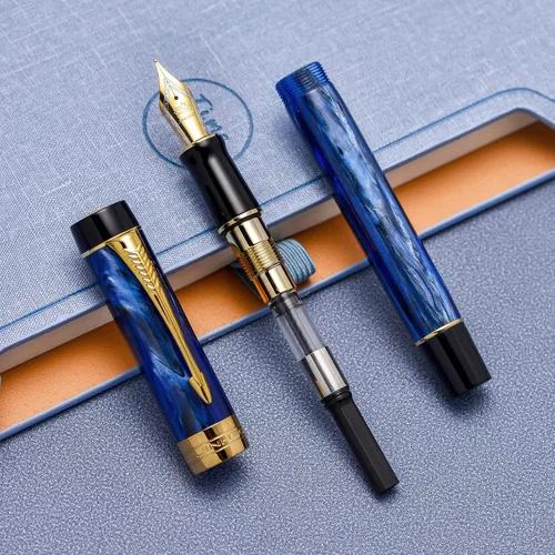 Vista 4 de Jinhao 100 - Pluma estilográfica clásica de celuloide de mármol azul, punta extrafina con convertidor y estuche para bolígrafos