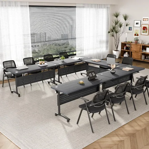 Vista 2 de 62.9in Folding Conference Table, 8 Pack Flip Top Training Tables 1619-black-1