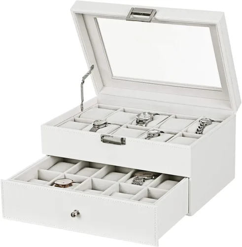 Vista 2 de BEWISHOME Organizador de caja de reloj 20 hombres y mujeres caja de reloj Soporte de almacenamiento Bisagra de metal blanco PU cuero superior