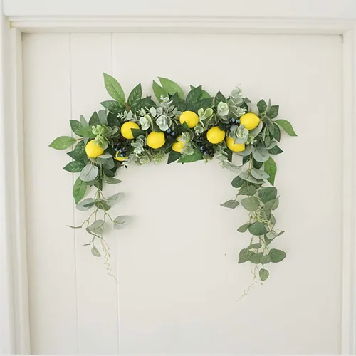 Vista 4 de Firlar Guirnalda de flores artificiales, 18 pulgadas con bayas de limón, hojas verdes, adorno colgante floral para puerta, para boda, hogar, fiesta