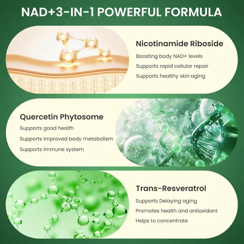 Vista 3 de Suplemento NAD+ - Ribosida liposomal de nicotinamida y resveratrol 900 mg, suplemento de resveratrol NAD para hombres y mujeres, antienvejecimiento