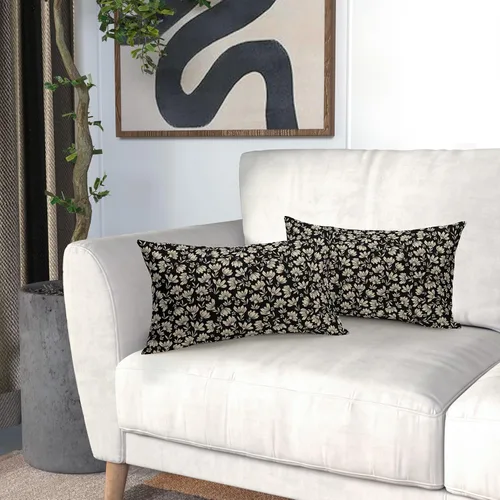 Vista 6 de Juego de 2 fundas de almohada lumbares con estampado de bloques florales de margaritas negras y marrones de 12 x 20 pulgadas, fundas de almohada