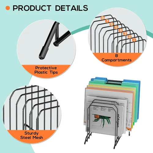 Vista 6 de Organizador de archivos de escritorio con clasificación inclinada, soporte de metal para carpetas de revistas con compartimentos verticales de 8