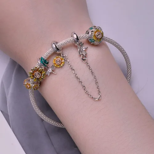 Vista 3 de NINGAN Abalorios de plata de ley 925 para pulseras y collares europeos, colgantes de girasol, camelia púrpura, trébol de loto, tapones colgantes