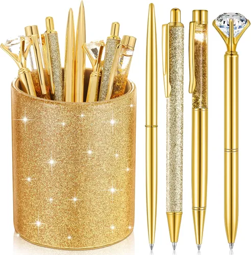 Vista 16 de Sabary 8 bolígrafos negros con soporte para bolígrafo para escritorio, con purpurina, diamantes de cristal, bonito soporte para lápices, organizador