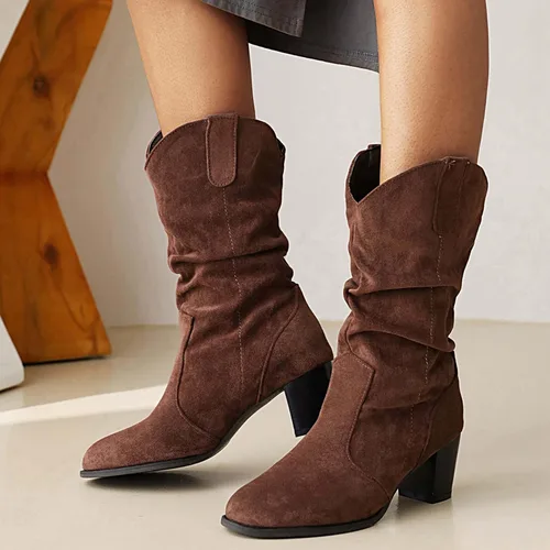 Vista 5 de Botines de gamuza sintética con tacón medio para mujer, con puntera redonda, sin cordones, botas cortas