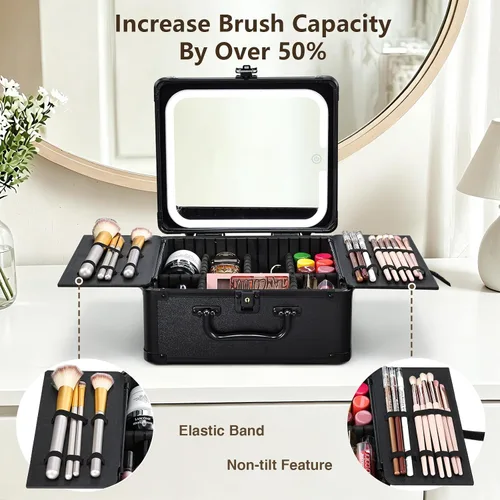 Vista 2 de Faquenc Estuche de maquillaje con espejo iluminado magnético, caja organizadora de maquillaje, estuche de cosméticos de viaje con espejo LED de 3