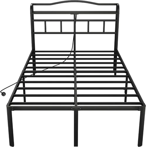 Vista 8 de Base de cama de metal de 18 pulgadas, base de colchón básica de plataforma resistente de color negro con cabecera y estación de carga, no necesita