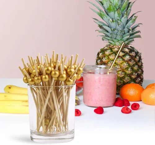 Vista 7 de 100 palillos de cóctel, palillos de dientes elegantes para aperitivos hechos a mano de bambú, palitos de perlas doradas, palillos de alimentos
