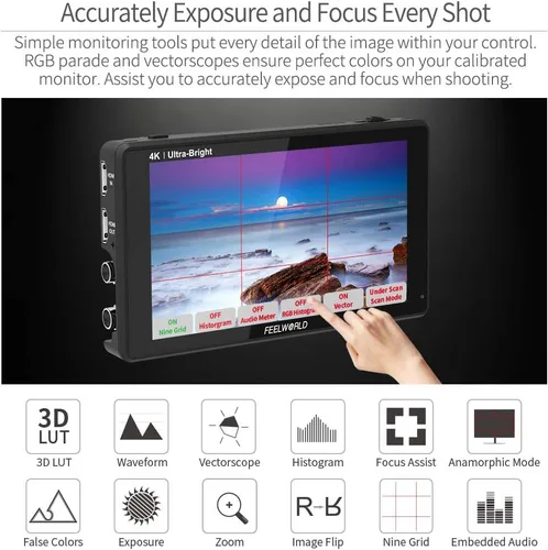 Vista 5 de FEELWORLD LUT6S 6 pulgadas SDI 2600nits HDR 3D LUT pantalla táctil DSLR Cámara Monitor de campo con forma de onda VectorScope histograma 3G SDI 4K