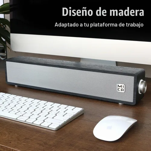 Vista 2 de MICA Altavoces de computadora, barra de sonido de computadora con cable, mini barra de sonido de madera, altavoces de PC alimentados por USB de Negro