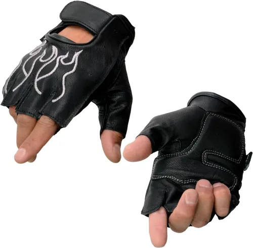 Vista 17 de Guantes Milwaukee Leather para hombre sin dedos para motocicleta Comodidad acolchada; alivio de vibración; bordado de llama