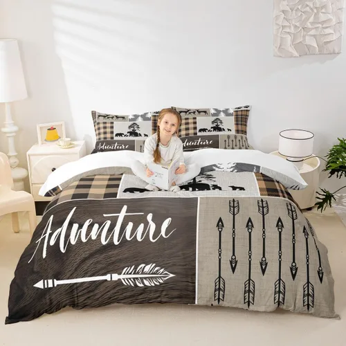 Vista 11 de Juego de funda de edredón para niños de ciervo, oso, lobo, tamaño individual, juego de ropa de cama de cabaña de aventura para niños, niñas
