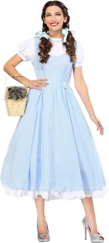 Vista 2 de Adult Kansas Girl Costume for Women, Long Gingham Dress Halloween Outfit, Light Blue Pinafore Apron Dress