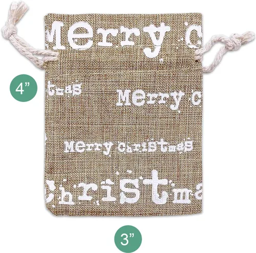 Vista 2 de 48 paquetes de 3x4 bolsas de regalo reutilizables de yute y arpillera con cordones (Feliz Navidad, X-Pequeño) - para regalos, favores de fiesta