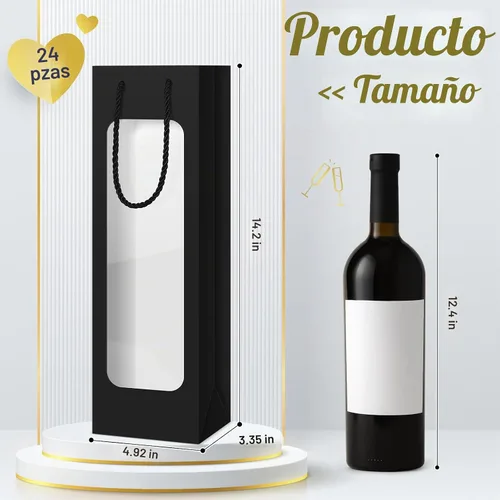 Vista 2 de Tioncy 24 bolsas de regalo de botella de vino individual de Navidad, bolsas de champán para bodas a granel con ventana transparente, cajas Negro