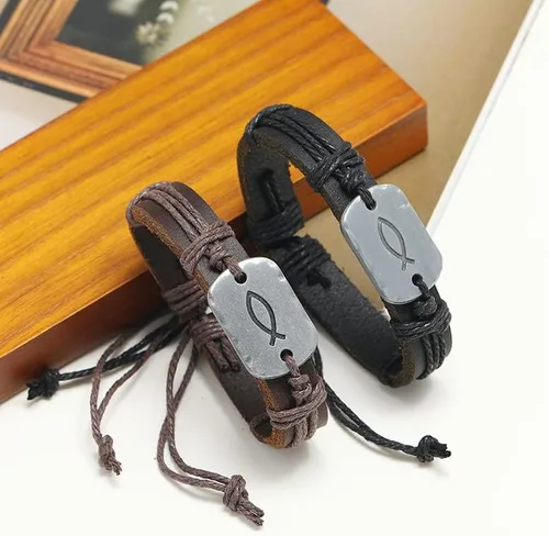 Vista 3 de Sign of The Fish - Pulsera de cuero para hombre, estilo retro, trenzado, hecha a mano, ajustable, para hombres, niños, adolescentes
