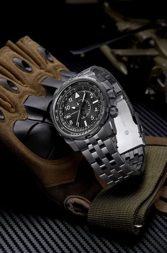 Vista 6 de Relojes de pulsera de acero inoxidable 316L GMT de lujo para hombre, cronógrafo, analógico, de cuarzo suizo