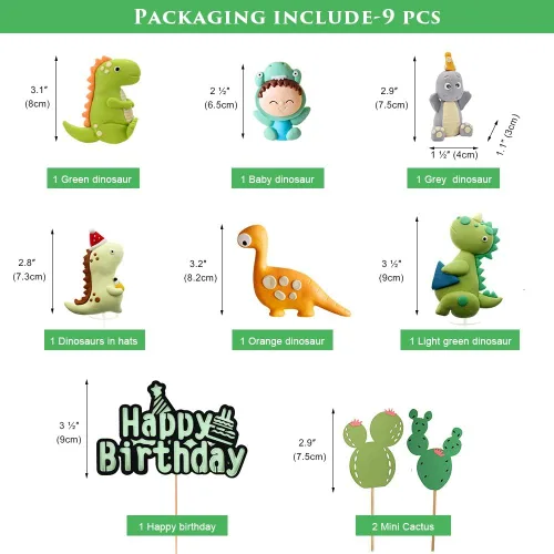 Vista 6 de Juego de 9 adornos para tartas con temática de dinosaurio, dinosaurios, cactus y decoración de pastel de feliz cumpleaños