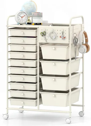 Vista 26 de GOFLAME Carrito de almacenamiento rodante de 9 cajones, carrito de utilidad móvil con cajones extraíbles y marco de metal, carrito organizador