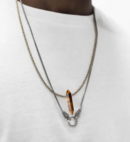 Vista 6 de XIANNVXI 4 piezas de collar de cadena chapada en oro de 14 quilates para hombres y mujeres, amatista, obsidiana, ojo de tigre, labradorita, collar