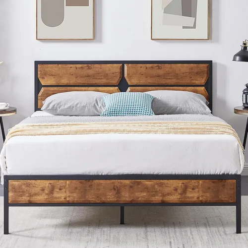 Vista 10 de VECELO Base de cama tamaño Queen con cabecera y estribo de madera, base de colchón de plataforma de cama Queen, soporte de listones de acero,