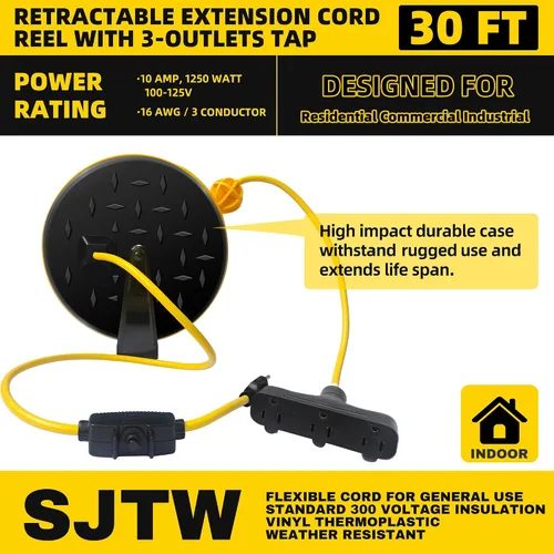 Vista 2 de Carrete de cable de extensión retráctil de 30 pies con 3 tomas de corriente eléctrica - Cable de alimentación SJTW 16/3, disyuntor de 10 amperios