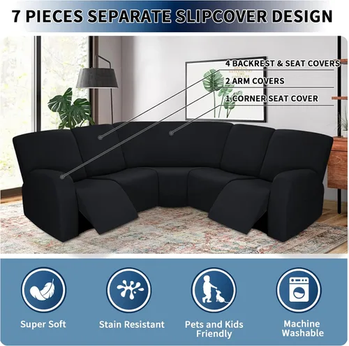 Vista 3 de PureFit 7 piezas de fundas para sofá seccional, fundas de sofá seccional extra grandes de felpa para sofás reclinables en forma de L, fundas de sofá