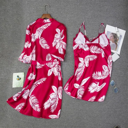 Vista 6 de Zzalalana Conjunto de 2 pijamas de seda para mujer, sexy, con estampado floral, ropa de dormir cómoda