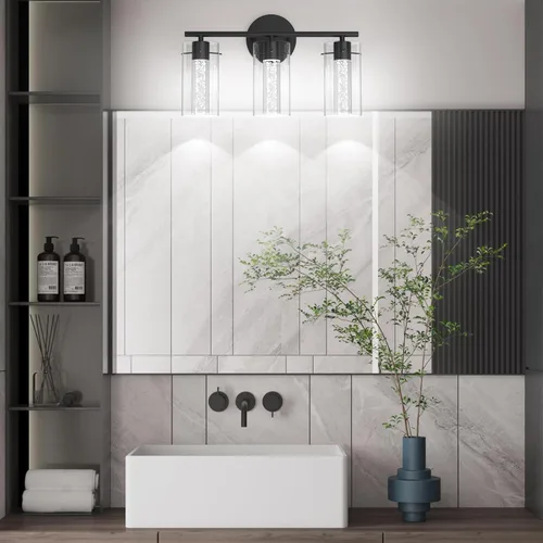 Vista 7 de Tipace Lámpara de tocador moderna, lámpara LED negra de 3 luces, accesorios de iluminación de baño de cristal sobre el espejo, accesorios