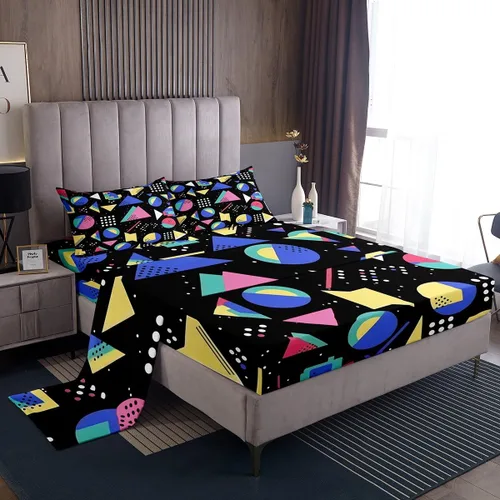 Vista 24 de Erosebridal Juego de sábanas de estilo retro de los años 80, tamaño individual, diseño geométrico abstracto, diseño moderno urbano con círculos