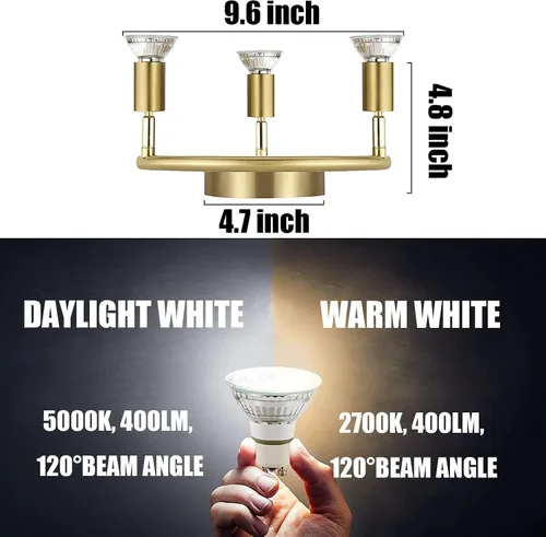 Vista 3 de Accesorios de iluminación LED para riel, kit de 3 luces redondas de techo, cabezales de luz giratorios flexibles, foco de 3 vías con acabado dorado