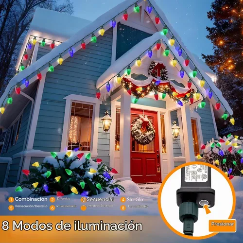 Vista 2 de Luces LED C9 de Navidad para exteriores, 33 pies, 50 LED, 8 modos de iluminación, impermeables, conectables, tira de luces de Navidad para Multi