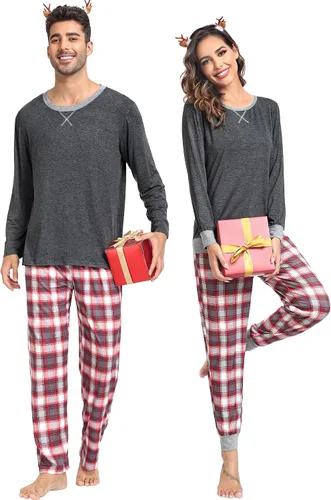Vista 2 de SWOMOG Conjunto de pijama a juego para hombres, mujeres y niños, para familia, parejas, ropa de dormir de manga larga, pantalones a rayas a cuadros