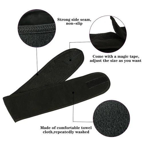 Vista 3 de Diademas faciales de spa, 4 piezas, maquillaje, ducha, baño, diadema deportiva, toalla elástica de tela de rizo con cinta mágica (negro)