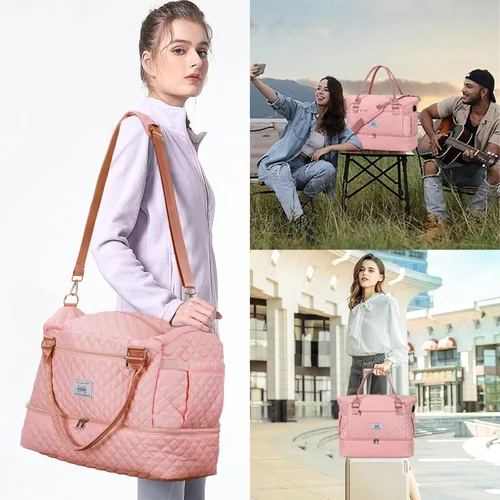Vista 2 de Leathario Bolsa de viaje para mujeres y hombres, bolsa de lona deportiva, bolsa grande de gimnasio con compartimento para zapatos y bolsillo