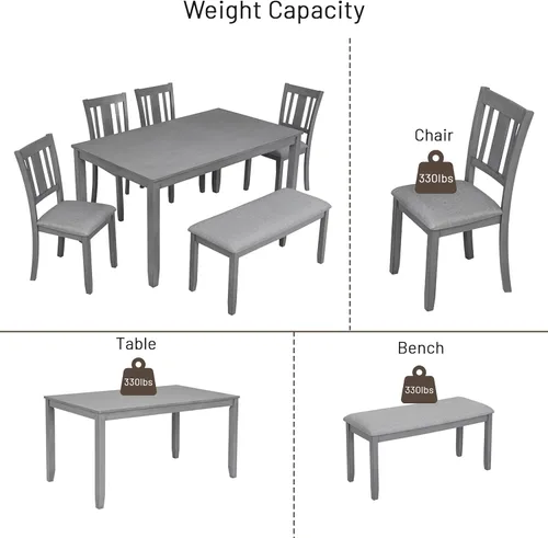 Vista 7 de Elegante juego de mesa de comedor de madera de 6 piezas con 4 sillas de respaldo de listones y un banco, juego de mesa de comedor de cocina para 6