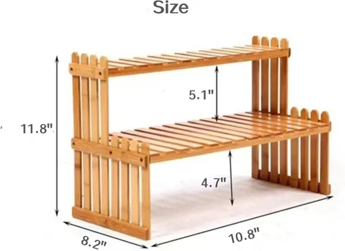 Vista 3 de Estante de plantas de bambú de 2 niveles de 14.6"/10.8"/18.5"/22.8", soporte para macetas de flores de escritorio, estante de escritorio ajustable