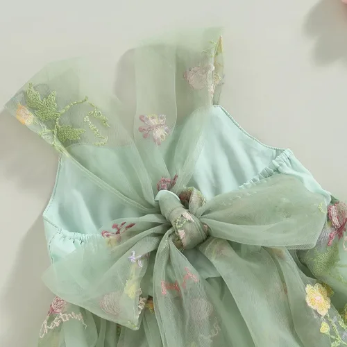 Vista 6 de Vestido de verano para bebé niña, con tirantes ajustables, sin espalda, bordado floral, tutú de cumpleaños
