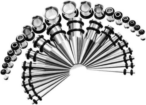 Vista 4 de Kit de estiramiento de calibre de oído de acero inoxidable y tapones Set 36 piezas 14G-00G Negro