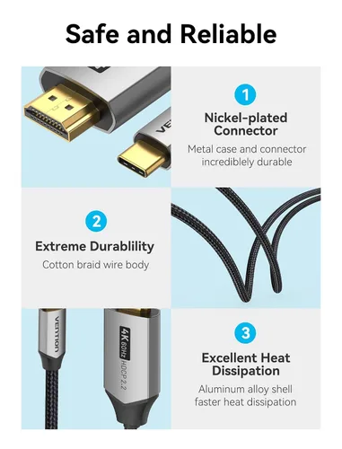 Vista 6 de VENTION Cable USB C a HDMI de 3 pies (4K @60Hz, 2K@120Hz, 1080P @144Hz), cable Thunderbolt a HDMI tipo C a HDMI [compatible con Thunderbolt 3]