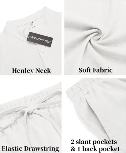 Vista 5 de COOFANDY Conjunto de 2 piezas de lino para hombre, camisas Henley casuales de manga corta, pantalones cortos de yoga para playa, pantalones cortos