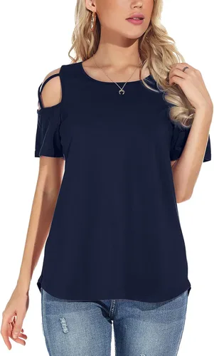 Vista 2 de NILOUFO - Blusas de verano para mujer, manga corta, tiras y hombros descubiertos