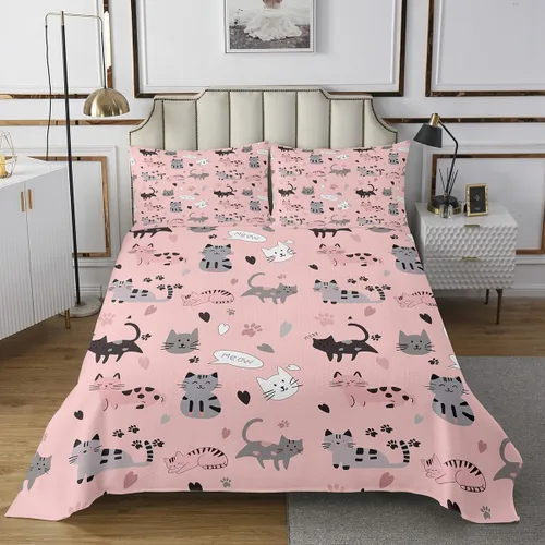 Vista 2 de Erosebridal Juego de colcha de gato rosa, tamaño individual para niñas, gris y negro, juego de ropa de cama para niños y niños, lindo juego