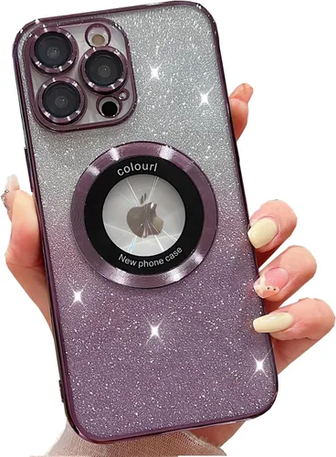 Vista 10 de Funda magnética con purpurina para iPhone 13 Pro Max, compatible con MagSafe con protector de cámara, logotipo suave, de lujo, linda, para mujeres