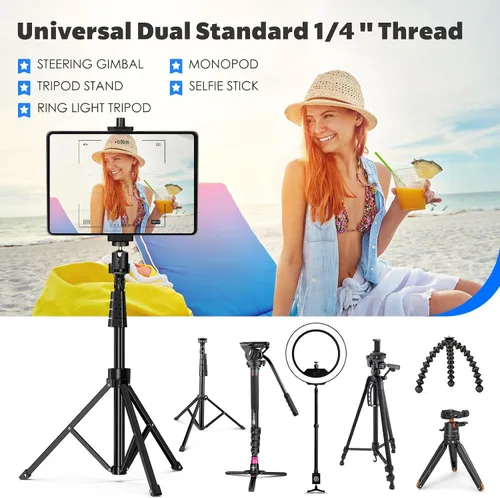 Vista 5 de Adaptador de montaje de trípode para iPad con cabeza esférica, soporte universal de abrazadera giratoria 360 con control remoto Bluetooth para iPad