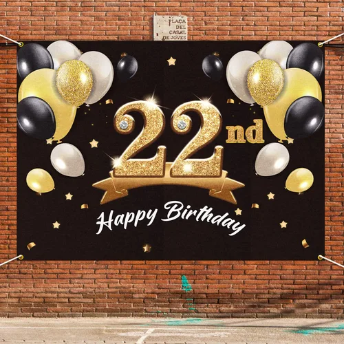 Vista 6 de Telón de fondo de pancarta de feliz cumpleaños 22 – Suministros de decoración de fiesta de cumpleaños 22 para hombres y él – Negro dorado 4 x 6 pies