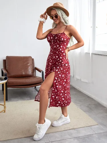 Vista 4 de Verdusa Vestido midi sin mangas con estampado floral fruncido para mujer
